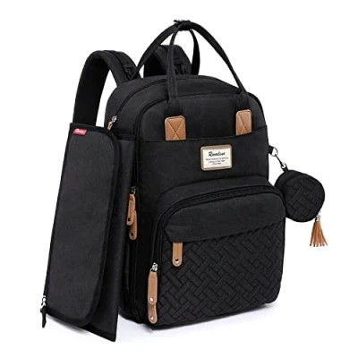 Image of RUVALINO Baby Changing Bag Backpack, Neutral All in One Nappy Backpack for, Multifunction Bags with Portable Pad, Stroller Straps, Pacifier Case and Insulated Pockets, Black