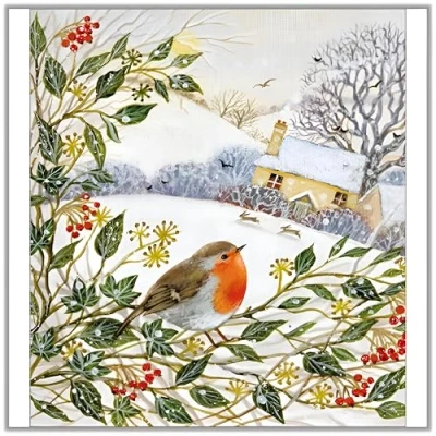 Image of Charity Christmas Cards Pack of 5 Age UK, Marie Curie, BHF, Mind Artistic Festive Design Jolly Robin and Countryside Scene Made in the UK Eco Friendly