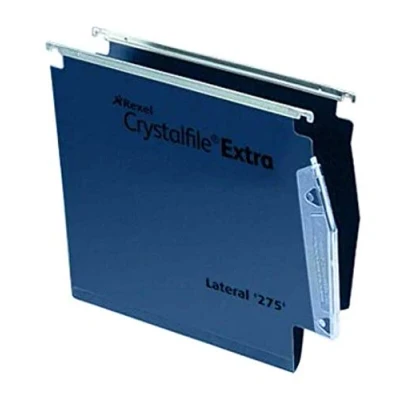 Image of Rexel 275 Lateral Hanging Files with Tabs and Inserts, 30 mm base, Polypropylene, Blue, Crystalfile Extra, Pack of 25, 70642