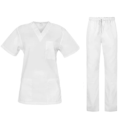 Image of B well Cesare Unisex Scrub Set Slip On Tunic + Pants Medical Doctor Uniform Jacket Top with Trousers Work Wear White Medium