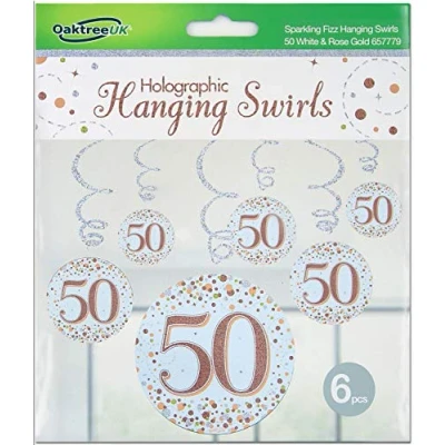 Image of OakTree Sparkling Fizz Hanging Swirls 50th White &amp; Rose Gold 6pcs