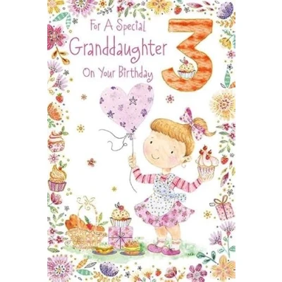 Image of Paper Rose Special Granddaughter 3rd Birthday Card Age 3 Girl with Cupcakes and Balloon Foil Details Eco Friendly Recyclable