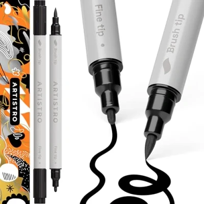 Image of ARTISTRO 2 Black Acrylic Paint Pens, Markers Dual Tip (Brush + Fine 1 mm), for Fabric, Canvas, Rock, Glass, Wood, Paper, DYI, Kids and Adults