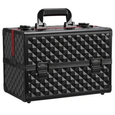 Image of Yaheetech Large Cosmetic Case Professional Makeup Box Beauty Jewellry/Nail Polish Storage with Adjustable Dividers, Black/Red