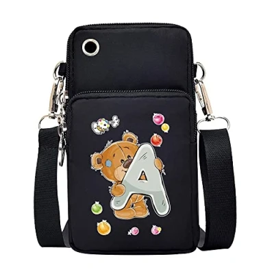 Image of FINDING CASE initial letter Printed Women Girls men Zipper Waterproof Nylon 3 Layers Crossbody Bags Wallet Cellphone Purse Shoulder Bag Wristlet Handbags Adjustable Strap (Bear A)