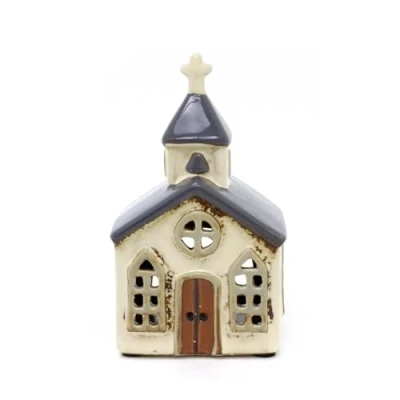 Image of Ceramic Church Tealight Votive Holder Village Chapel Tea Light Candle Pottery Ornament 14cm