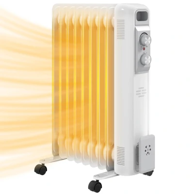 Image of HOMCOM 2000W Quiet Oil Filled Radiator, 9 Fin Energy Efficient Portable Electric Heater with 3 Heat Settings, Adjustable Temperate, Safety Tip Over, Overheat Protection, Wheels, for Home, White