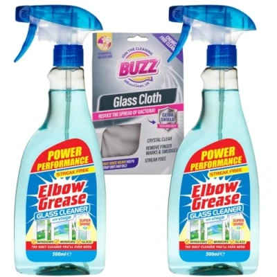 Image of Elbow Grease Spray Window Cleaner With Vinegar 500ml Glass Mirror 2 Pack PLUS Premium Streak Free Cleaning Cloth