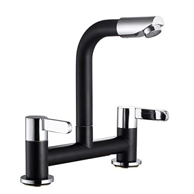 Image of Kitchen Sink Mixer Taps with 360 Aerator 2 Hole 1/4 Turn Brass Swivel Bridge Monobloc Dual Lever Faucet 180mm Centres Deck Mounted Hot &amp; Cold Spout Taps(Black)