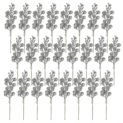 Image of LEMCC 24PCS Christmas Glitter Berries Stems Artificial Berry Twig Stem Wired Holly Picks for Tree Wreath Crafts Home Ornaments