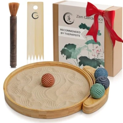 Image of ENSO Japanese Zen Garden Kit for Desk Sand Tools and Accessories Box Set Office Desktop 12 Large Round Bamboo Tray, 4 Stamp Spheres, Natural Sand, Rake Mini Decor Gifts