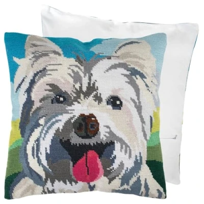 Image of Trimits Half Stitch Cross Cushion Kit, Back Included, Pre Printed Canvas, Yarn and Needle Included 40 x 40cm (15.75 15.75in), Westie