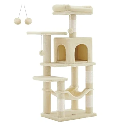 Image of Feandrea Cat Tree, 112 cm Tower for Indoor Cats, Multi Level Plush Condo with 4 Scratching Posts, 2 Perches, Cave, Hammock, Pompoms, Beige PCT261M01