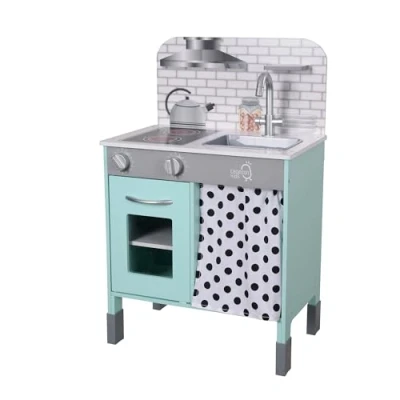 Image of Teamson Kids Wooden Play Kitchen Pretend with Interactive Role Oven, Sink and Curtain, Adjustable Leg Height, Little Chef Philly