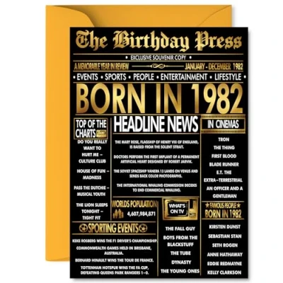 Image of Gold 43rd Birthday Card for Men Women Black &amp; Golden Newspaper Born in 1982 Happy 43 Cards Wife Nephew Dad Niece Neighbour Colleague, A5 Bday Greeting