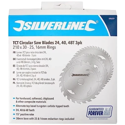 Image of Silverline TCT Circular Saw Blades 24, 40, 48T 3pk 210 x 30 25, 16mm Rings