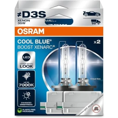 Image of OSRAM XENARC® Cool Blue Boost, D3S, Xenon Headlight Lamps, 7000K, Hanging folding box (2 lamps), offroad use only