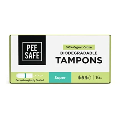 Image of Pee Safe Biodegradable 100% Organic Cotton Tampons Super (Pack of 16) for Medium to Heavy Flow Non Applicator Free Chlorine Bleach &amp; Dyes