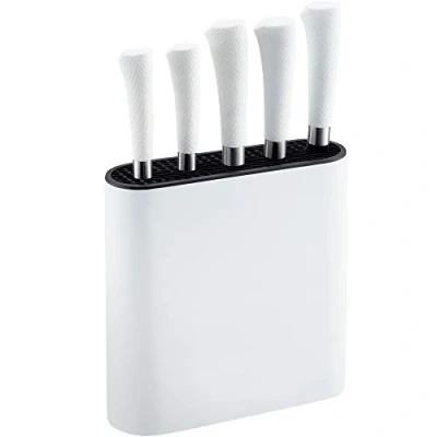 Image of NETTA Kitchen Knife Set with Block 6 Piece Stainless Steel Including 5 Knives Ergonomic Soft Grip Handles and Safe Storage Holder White