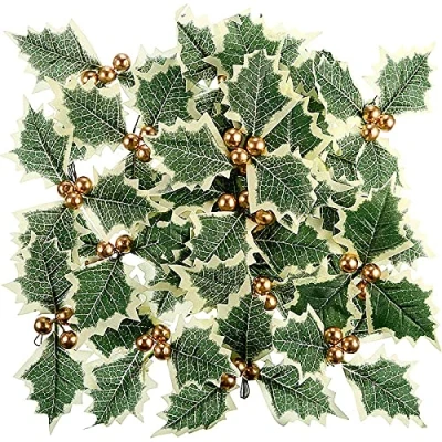 Image of HYKITDAY 10 PCS Christmas Holly Leaves and Berries, Mini Triple Leaf Berries Embellishments DIY Artificial for Wreath Arrangement Gift Tag