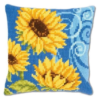Image of Vervaco Sunflowers on Blue Cross Stitch Cushion