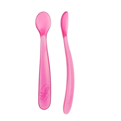 Image of Chicco Long Feeding Spoon Soft Silicone Duo Pack for Babies and Toddlers Baby with Ergonomic Curved Handle Food 2 Pieces Cutlery 6+ Months