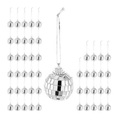 Image of Relaxdays 50x Mini Disco Balls, HWD: 8.5 x 3 cm, Party Decoration for Hanging, Reflecting Light, Christmas, Silver, Foam