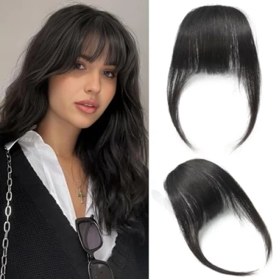 Image of Real Human Hair Bangs Flat Clip in Extensions Fringe with Temples, Natural Black Color