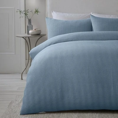 Image of Serene Blue Waffle Duvet Cover Single Bedding Size (140 x 200cm) Soft Touch Luxury Grid Pattern Textured in Square Puckered Lindly Collection