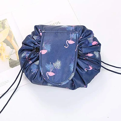 Image of Cosmetic Bag, ONEGenug Makeup One Step Organiser bag for Lazy Women, Dark Blue Flamingo,