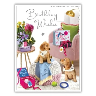 Image of Female Birthday Card for Her General Women Dog Design Cocker Spaniel Puppies and Flowers Special Finishes Illustrated Insert Leaf Made in the UK
