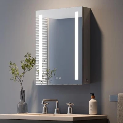 Image of Dripex Bathroom Mirror Cabinet with LED Lights, 450 * 600mm Illuminated Shaver Socket Dimmable Switch 3 Colors and Demister Pad, Grey