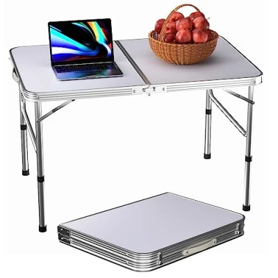 Image of 3ft Picnic Table Aluminium Folding Portable Foldable Camping Adjustable Height Compact Trestle with Carrying Handle for Party BBQ Indoor Outdoor Garden Cooking