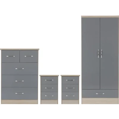 Image of Seconique Bedroom Set, Engineered Wood, Grey Gloss/Light Oak Effect Veneer, W 780mm x D 520mm H 1825mm