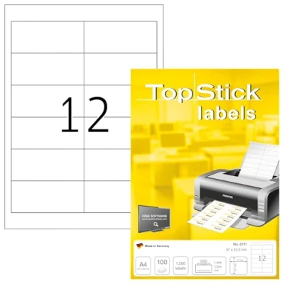 Image of TopStick Self Adhesive Multipurpose Labels, 12 Labels per A4 Sheet, 100 Sheets, 96.5 x 42.3 mm, 1200 Blank Universal Stickers, Sticky for Laser &amp; Inkjet Printer, White