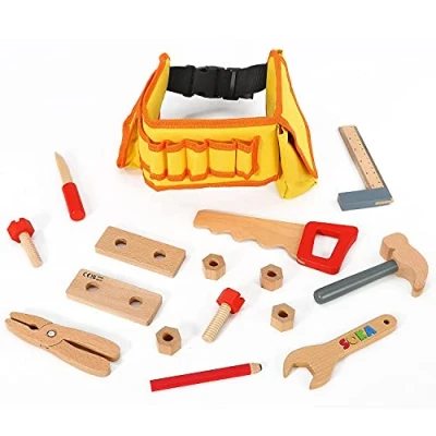 Image of SOKA Wooden Carpenters Tool Belt with Tools Construction Wood Craft Pretend Play Builder Preschool Learning Toy 16 pieces for Kids Children Boys Girls Ages 3 year old +