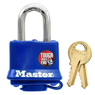 Image of Master Lock 312EURD Laminated Padlock with Key and Thermoplastic Cover, Blue, 7,3 x 4 2,5 cm