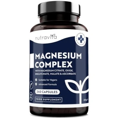 Image of Magnesium Supplements 5 in 1 Complex 1146mg 240 Vegan High Strength Capsules 400mg Elemental Bis Glycinate, Citrate, Malate, Oxide, Ascorbate Muscle Support &amp; Sleep Aid Nutravita