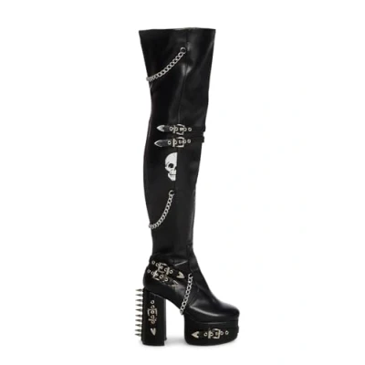 Image of LAMODA Women&#039;s Scream Wide Calf Platform Thigh High Boots, Black goth Boots with studs and chains, ladies skull spikes, Zip Up Punk Gothic