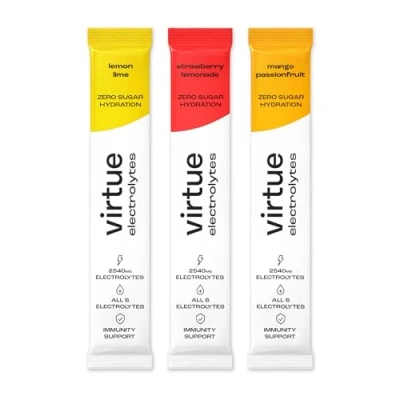 Image of Virtue Electrolytes Hydration Sachets Mixed Pack Zero Sugar, Calories All 6 Electrolytes, Vitamin C (12 Pack) [Lemon Lime, Strawberry Lemonade, Mango Passionfruit]