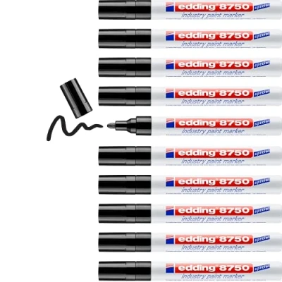 Image of edding 8750 industry paint marker black 10 pens round nib 2 4 mm for writing on dusty, slightly oily surfaces, tyres, metal, glass and wood permanent, waterproof