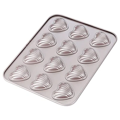Image of CHEFMADE Madeleine Mold Cake Pan, 12 Cavity Non Stick Heart Shaped Shello Madeline Bakeware for Oven Baking (Champagne Gold)
