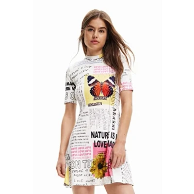 Image of Desigual Newspaper Print White Bodycon Flared Dress 23SWVK46 1000