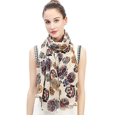 Image of Lina &amp; Lily Day of the Dead Sugar Skull Print Large Scarf Shawl Lightweight (Beige)(Size: 180 X 90 cm)