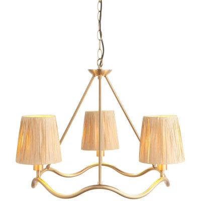 Image of Wriggle Multi Arm Pendant Ceiling Light Brushed Aged Brass Plate, Natural Raffia, 3x E14