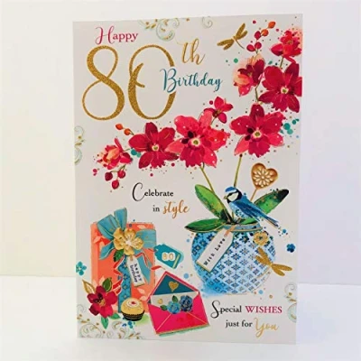 Image of Jonny Javelin Female Happy 80th Age 80 Birthday Card Plant Bird Flowers