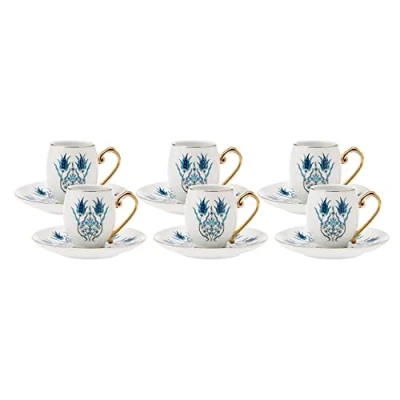 Image of Karaca Iznik Porcelain Coffee Cup and Saucer Set White Gold Handle Small Turkish Coffee, Espresso, Cappuccino, Tea Cups of 6, 90 ml