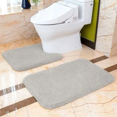 Image of VANZAVANZU Non Slip Bath Mat Set 2 Piece Thickened Bathroom Absorbent Ultra Soft and Pedestal Toilet Fluffy Microfiber Rug 50 x 80cm &amp; 60cm U Shape (Light Gray)