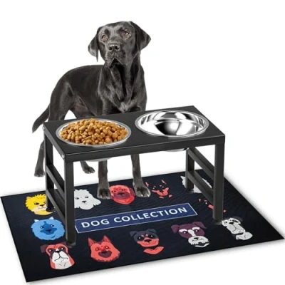Image of ADENGL Metal Raised Dog Bowl Stand for Large Dogs, Stronger Elevated Bowls with Sprill Proof Mat, Food &amp; Water 10in Tall Feeder (42OZ Stainless Steel Bowls, Mat 16x24 in)