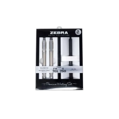 Image of Zebra Pen Gift Set G 750 0.7mm Retractable Gel Pen, F 701 0.8mm Ballpoint M Mechanical Pencil Stainless Steel &amp; Metal and 3 Piece Jotter Refillable Box